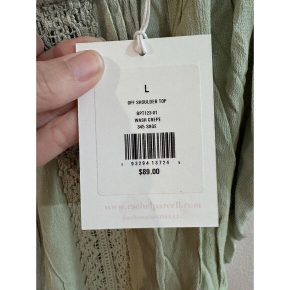 Sage Green Boho Crop Top Lace-Trim Front Elastic Neck & Sleeve Large NEW - Picture 3 of 6